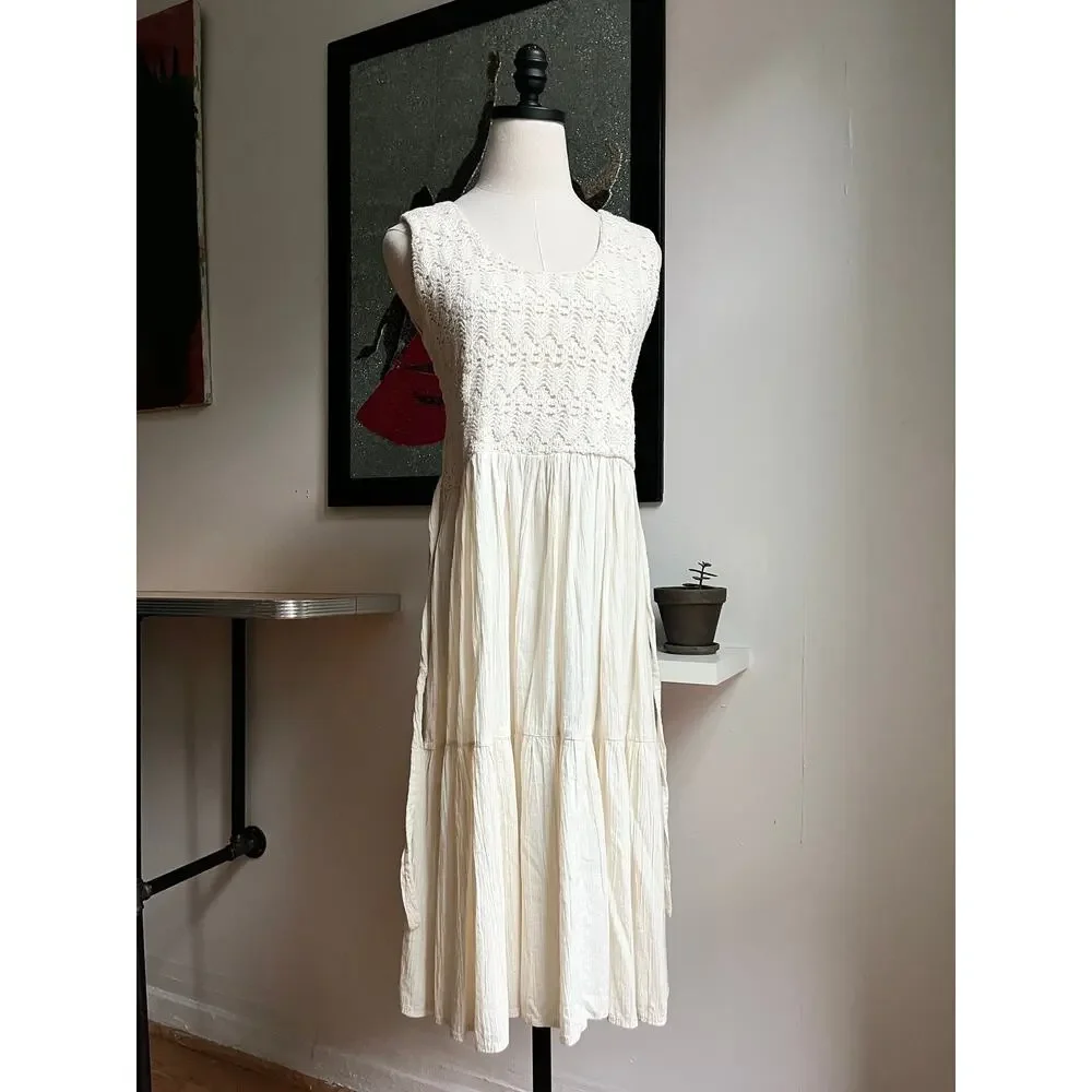 Vintage 60s Crochet Gauze Midi Dress | Ivory Cotton Lace Cottagecore Boho | M/L - Picture 4 of 10